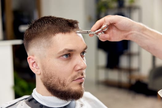 hairdresser does haircut for caucasian bearded man using comb and grooming scissors in barber shop.