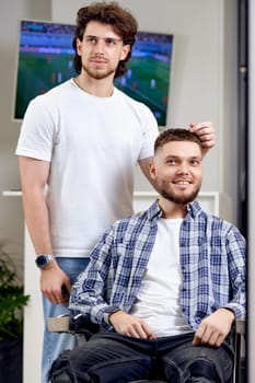 Barber and satisfied bearded man in front of the mirror in barber shop