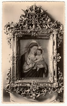 THE CZECHOSLOVAK REPUBLIC - DECEMBER 21, 1935: Vintage photo shows a religion picture - icon. Christianity symbol. Retro black and white photography.