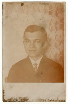 THE CZECHOSLOVAK REPUBLIC - CIRCA 1930s: Vintage photo shows man - portrait. Retro black and white phortgraphy.