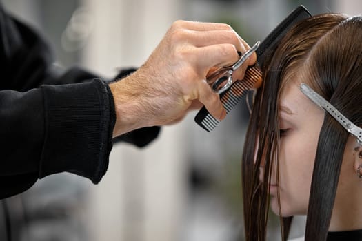 male hairdresser is combing the hair of the female client. hairdresser doing hair to his client woman