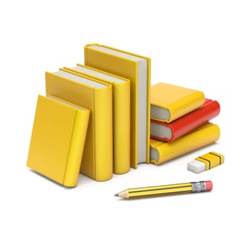 Stack of yellow books with pencil and eraser 3D rendering illustration isolated on white background