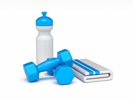 White blue fitness weights with towel and plastic water bottle 3D rendering illustration isolated on white background