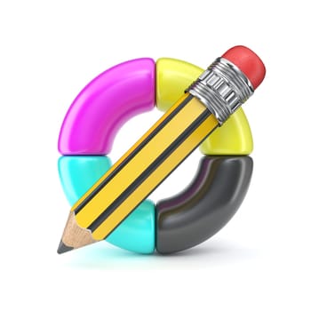 CMYK color wheel with pencil 3D rendering illustration isolated on white background