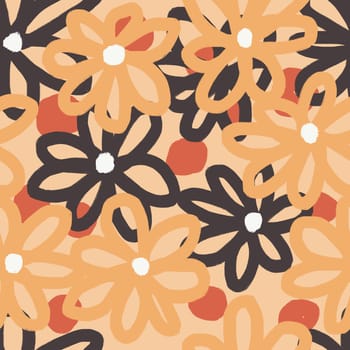 Hand drawn seamless pattern with floral flowers in beige orange fall autumn colors. Red berries, orange leaves, retro vintage 60s 50s style, mid century modern print for textile wrapping paper textile