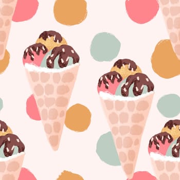 Hand drawn seamless pattern of ice cream in cup bowl, retro vintage style. Pink mint yellow round shape with chocolate, sweet tasty summer holiday food, fun design for colorful beach art