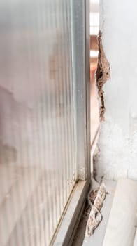 Broken frame, decayed and cracked wall allow outside elements to enter indoors