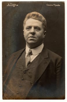 BERLIN, GERMANY - NOVEMBER 28, 1910: Vintage photo shows portrait of a mature man. Retro black and white photography. Circa 1910s.