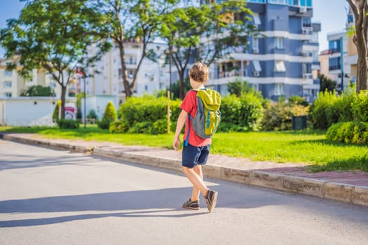 Little boy with a backpack go to school. Back view.