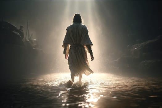Jesus Christ walks on water. Religious concept . Bible. Faith. Drawing with paints. Painting.
