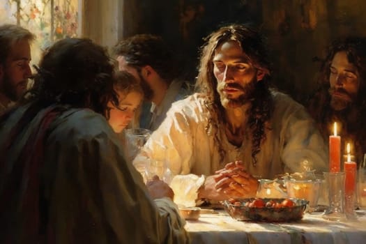 The Last Supper. The religious concept of the assembly of Jesus Christ with the 12 apostles. Bible. Faith. Drawing with paints. Painting.