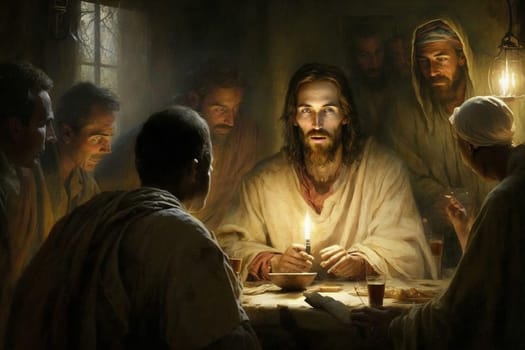 The Last Supper. The religious concept of the assembly of Jesus Christ with the 12 apostles. Bible. Faith. Drawing with paints. Painting.