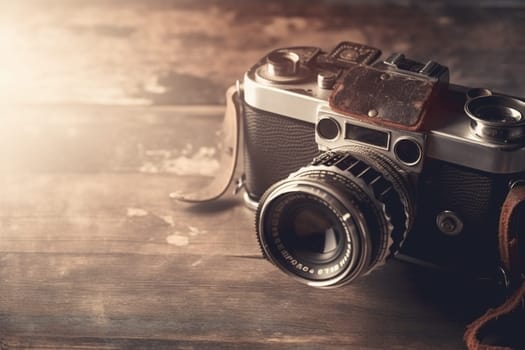 Old retro camera on vintage background. 90's concepts. Vintage style filtered photo. Concept on the theme of history, nostalgia, old age. Retro style.