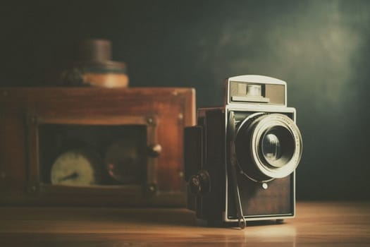 Old retro camera on vintage background. 90's concepts. Vintage style filtered photo. Concept on the theme of history, nostalgia, old age. Retro style.