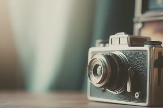 Old retro camera on vintage background. 90's concepts. Vintage style filtered photo. Concept on the theme of history, nostalgia, old age. Retro style.