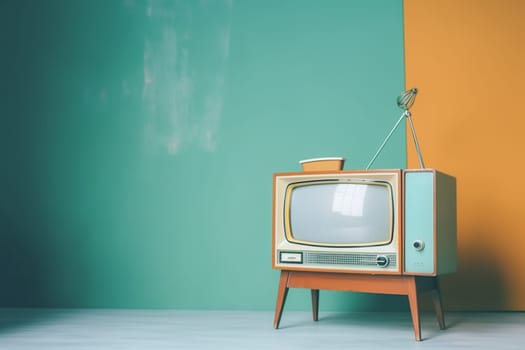 Retro old television on background. 90's concepts. Vintage style filtered photo. Concept on the theme of history, nostalgia, old age. Retro style.