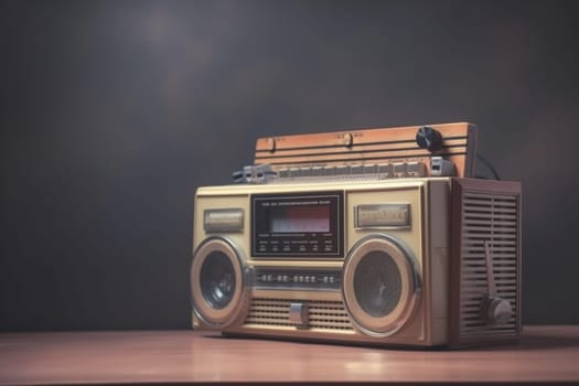 1990s retro radio cassette player on background. 90's concepts. Vintage style filtered photo. Concept on the theme of history, nostalgia, old age. Retro style.