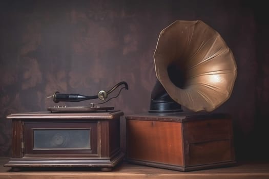 Vintage antique aquamarine gramophone phonograph turntable on background. 90's concepts. Vintage style filtered photo. Concept on the theme of history, nostalgia, old age. Retro style.