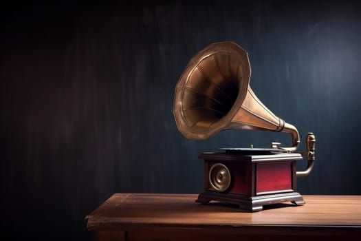 Vintage antique aquamarine gramophone phonograph turntable on background. 90's concepts. Vintage style filtered photo. Concept on the theme of history, nostalgia, old age. Retro style.