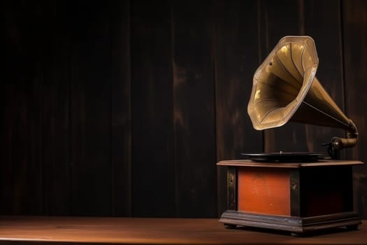 Vintage antique aquamarine gramophone phonograph turntable on background. 90's concepts. Vintage style filtered photo. Concept on the theme of history, nostalgia, old age. Retro style.