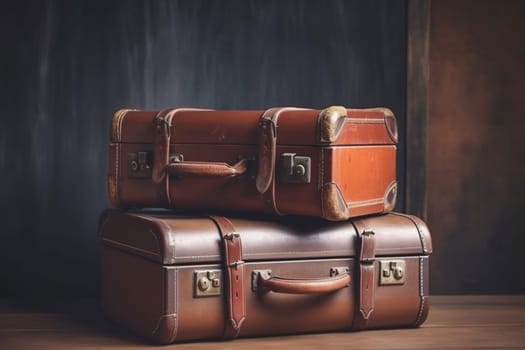 Vintage old classic travel leather suitcases on background. 90's concepts. Vintage style filtered photo. Concept on the theme of history, nostalgia, old age. Retro style.