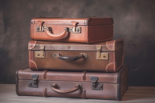 Vintage old classic travel leather suitcases on background. 90's concepts. Vintage style filtered photo. Concept on the theme of history, nostalgia, old age. Retro style.