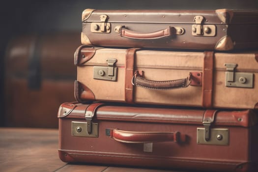 Vintage old classic travel leather suitcases on background. 90's concepts. Vintage style filtered photo. Concept on the theme of history, nostalgia, old age. Retro style.