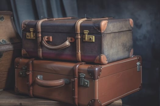 Vintage old classic travel leather suitcases on background. 90's concepts. Vintage style filtered photo. Concept on the theme of history, nostalgia, old age. Retro style.