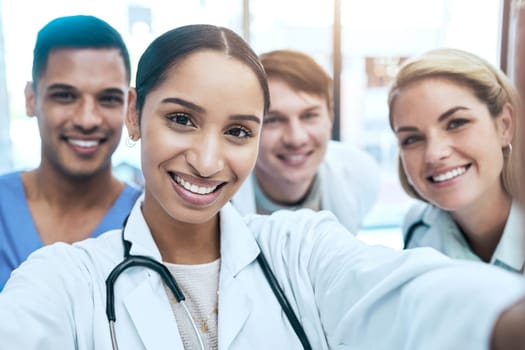 Portrait selfie of doctors, nurses or healthcare group of people for social media or medical teamwork. Face of diversity women and internship people smile in profile picture for career post or memory.