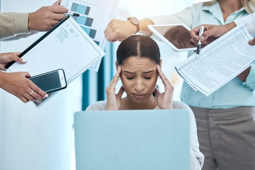 Headache, stress and multitask business woman with anxiety, burnout and mental health problem on laptop. Time management, phone call and chaos of professional team manager, computer and people hands.