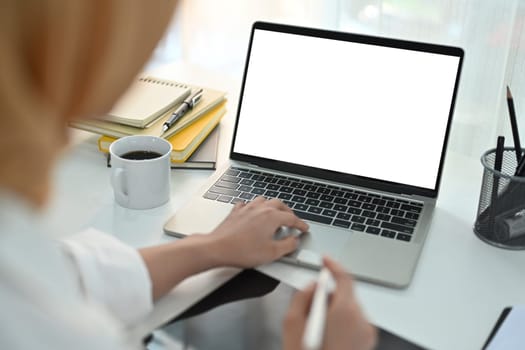 View over businesswoman shoulder hand typing on keyboard of laptop computer. White screen for graphic display montage.