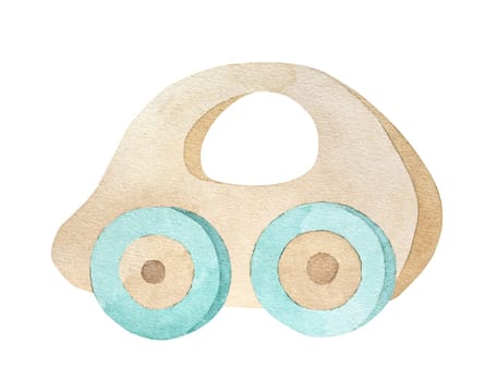 Watercolor wooden toy car for infant baby. Automobile from eco natural material for child kid development and game