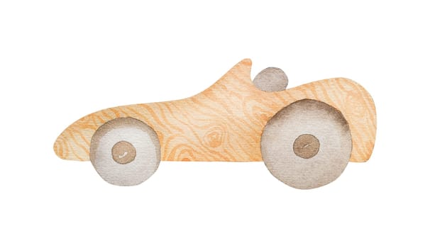 Watercolor wooden toy car for infant baby. Automobile from eco natural material for child kid development and game