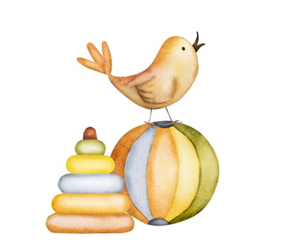 Child toys pyramide and ball with bird watercolor painting. Beautiful postcard with playthings for kid baby birthday