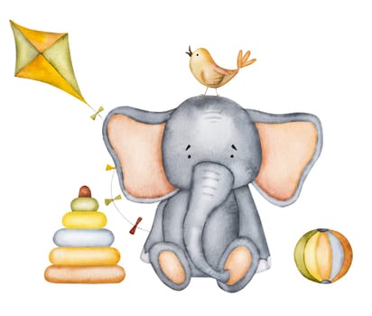 Cute cartoon elephant with child toys as pyramide, ball and kite watercolor painting. Sweet postcard with fairy tale animal and bird