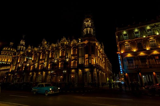 Grand Theater and Hotel Inglaterra in night view, Havana, Cuba