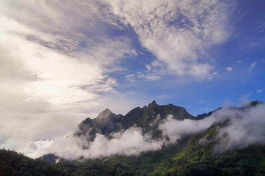 Green mountain scenery There is a mist in the mountains . The sky is blue and the clouds are white.
