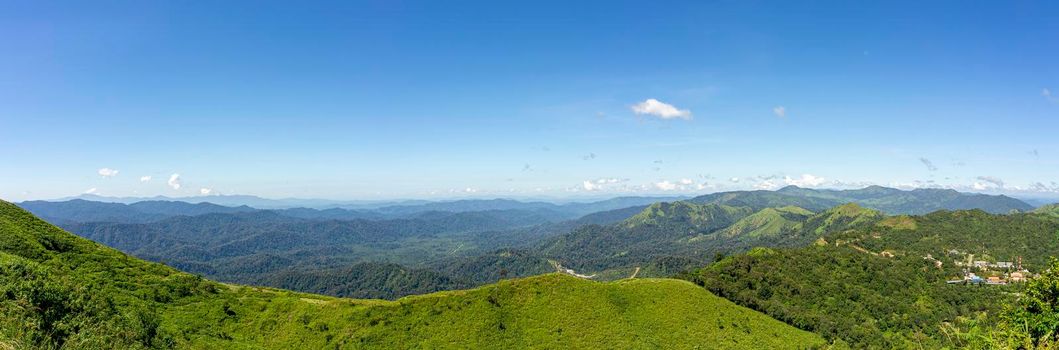 Panorama, The scenery on the afternoon viewpoint. Mountains complex, Clear blue sky. Pilok Mine Viewpoint, Kanchanaburi, Thailand