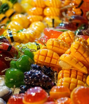 Loaf soap And carved into yellow mangoes and other fruits