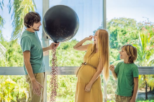Expectant parents mother, father and their elder son are having a gender reveal party. A married couple holds a black balloon with the inscription Boy and Girl.Family, pregnancy and prenatal care concept.