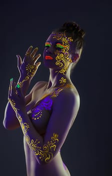 Elegant model with yellow UV pattern on body, close-up