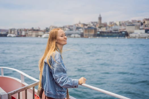 Happy woman enjoying the sea from ferry boat crossing Bosphorus in Istanbul. Summer trip to Istanbul.