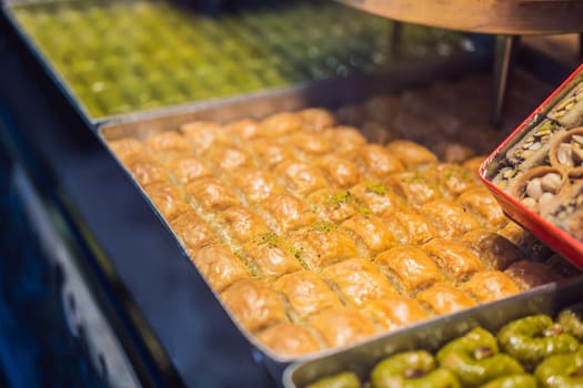 Traditional oriental sweet pastry cookies, nuts, dried fruits, pastilles, marmalade, Turkish desert with sugar, honey and pistachio, in display at a street food market.