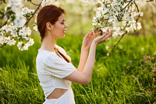 a beautiful woman in a light dress stands next to a flowering tree and smells the flowers. High quality photo