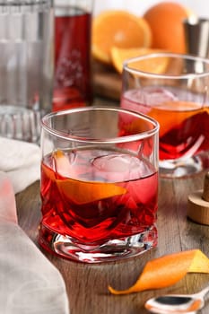 A classic Negroni made with equal parts Campari, gin and sweet vermouth and garnished with orange zest. The perfect aperitif before dinner