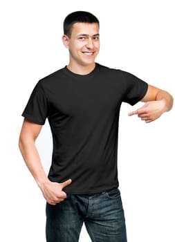 black t-shirt on a young man isolated. Ready for your design