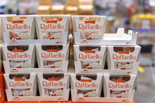 Tyumen, Russia-January 26, 2023: Raffaello box sale in hypermarket. Raffaello is a spherical coconut almond confection.