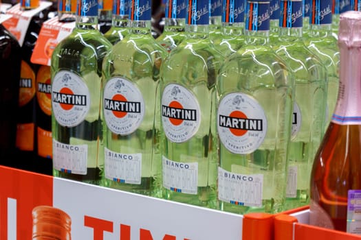 Tyumen, Russia-January 26, 2023: Alcohol on store shelves, Martini close-up. Selective focus