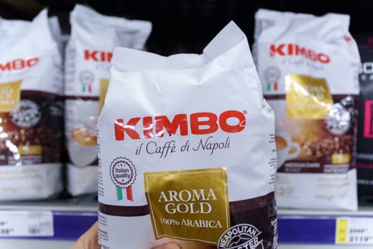 Tyumen, Russia-January 26, 2023: Kimbo macinato coffee. Kimbo is an Italian manufacturer of coffee products