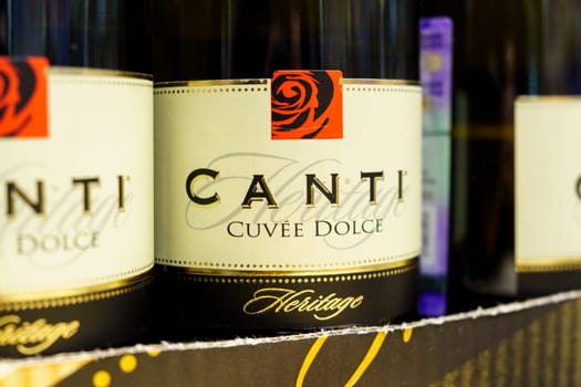 Tyumen, Russia-February 25, 2023: Canti logo cuvee dolce Prosecco DOC. Produced by Fratelli Martini which was established in 1947